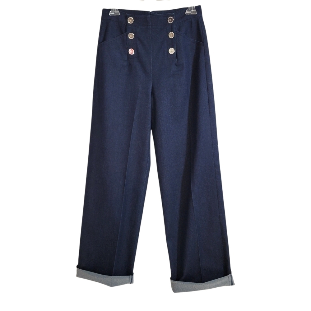 Worth Indigo Blue Denim Wide Leg High Rise Button Sailor Pants Like New